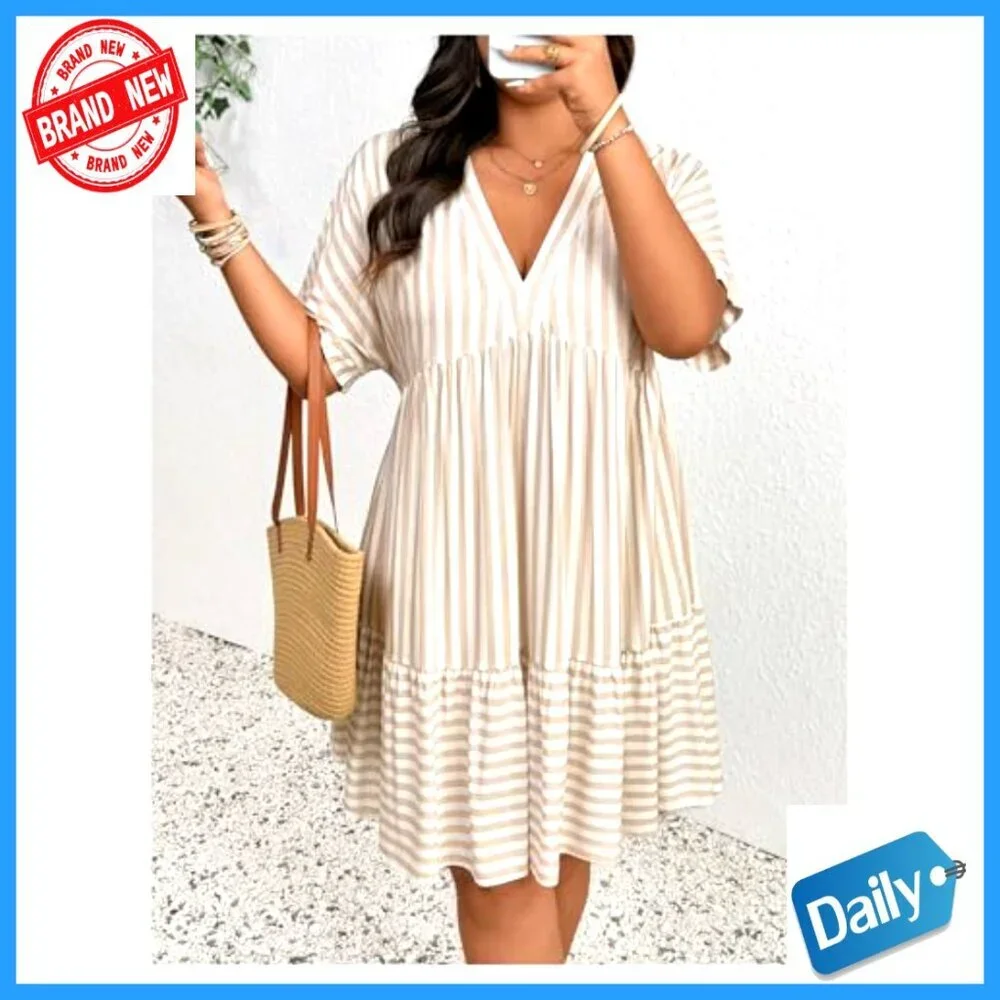 Plus Size Striped Ruffle Dress Deep V Neck Half Sleeve Flowy Babydoll - Picture 5 of 5